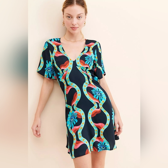 Kinga Csilla Dresses & Skirts - V-Neck Black Mini Dress with Turquoise & Coral Wave Print